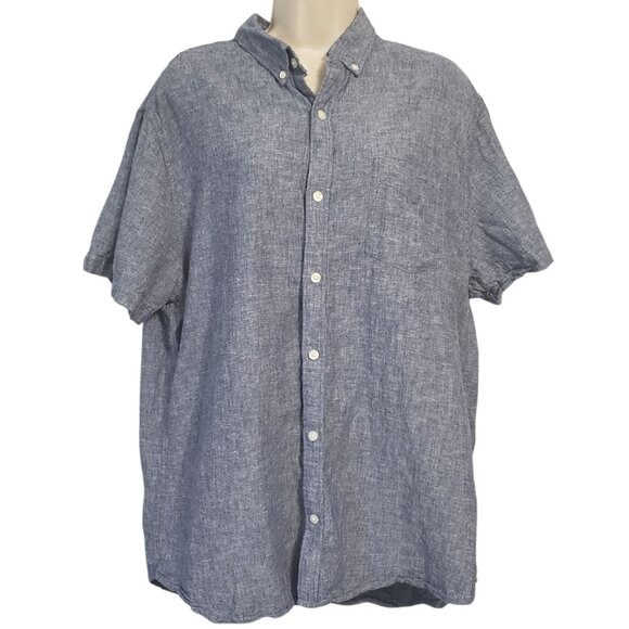 Gap Mens Linen Blend Button Up Shirt XL Slim Fit Blue Short Sleeve Chambray - Picture 1 of 12